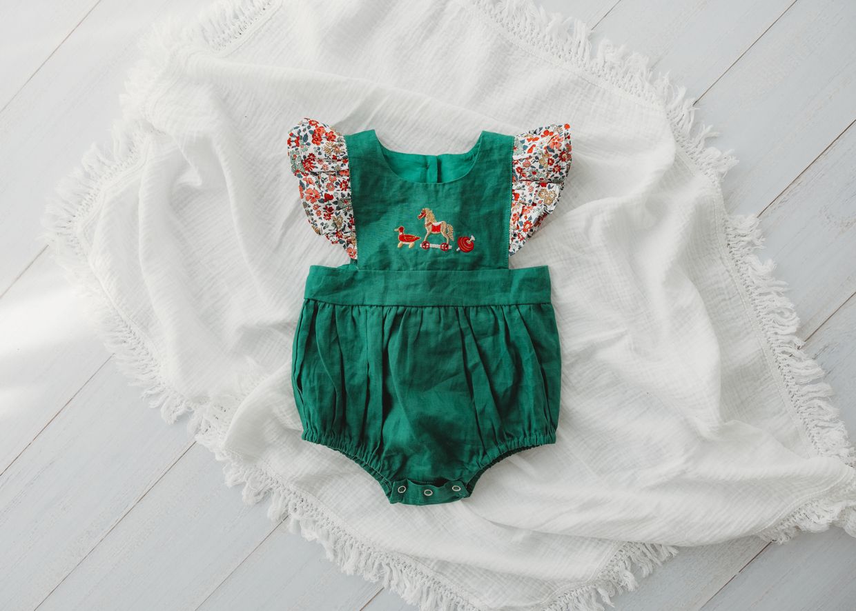 Child Of Mine - Embrodiered Forest Green Romper - Vintage Toys - preorder