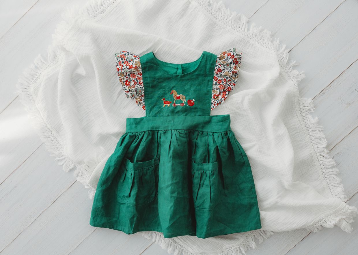 Child Of Mine - Embrodiered Forest Green Dress - Vintage Toys - preorder