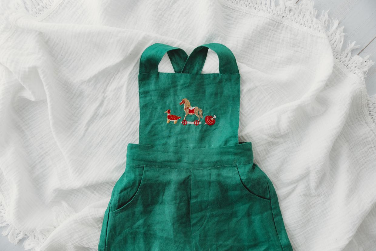 Child Of Mine - Embrodiered Forest Green Overalls - Vintage Toys - preorder