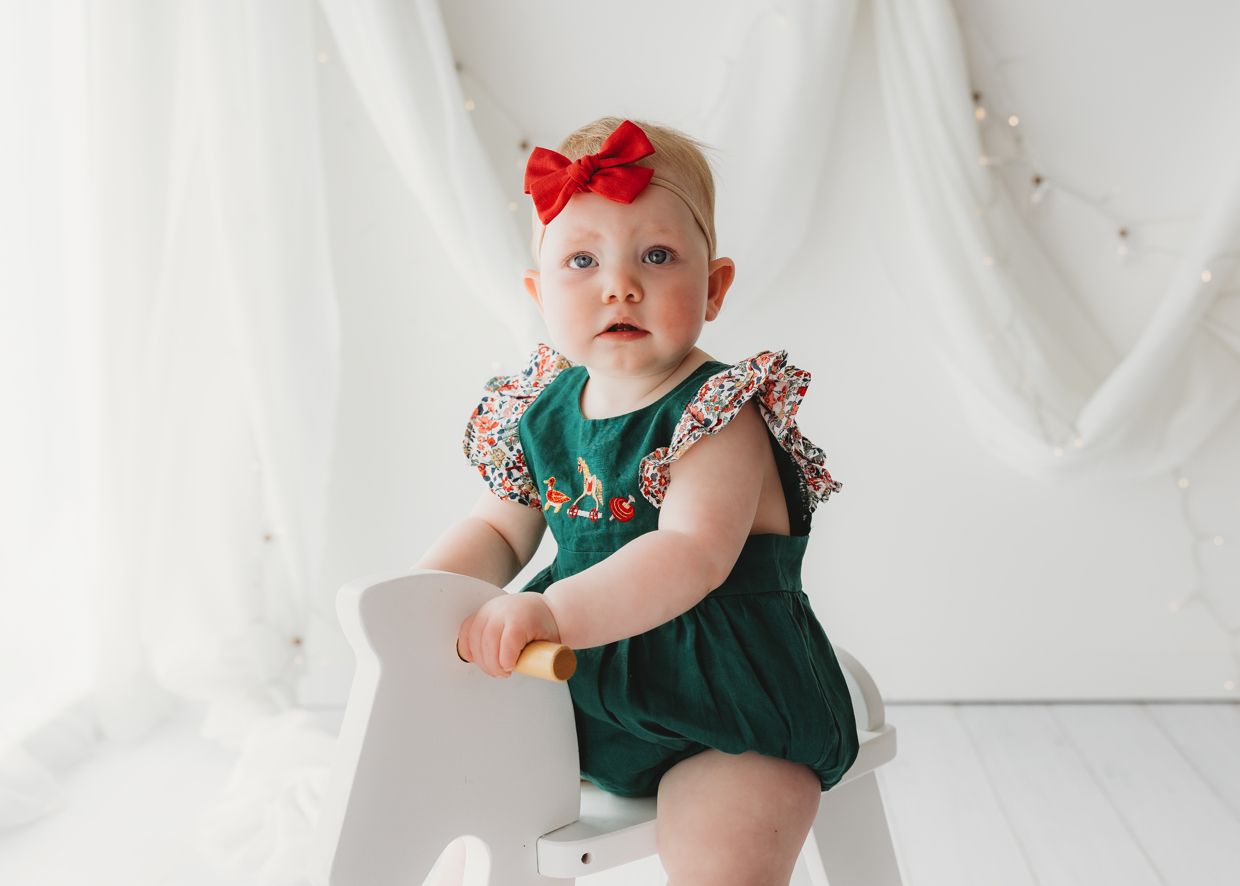 Child Of Mine - Embrodiered Forest Green Romper - Vintage Toys - preorder