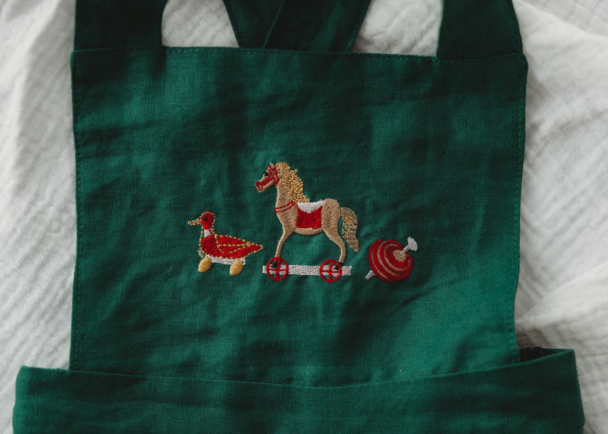 Child Of Mine - Embrodiered Forest Green Overalls - Vintage Toys - preorder