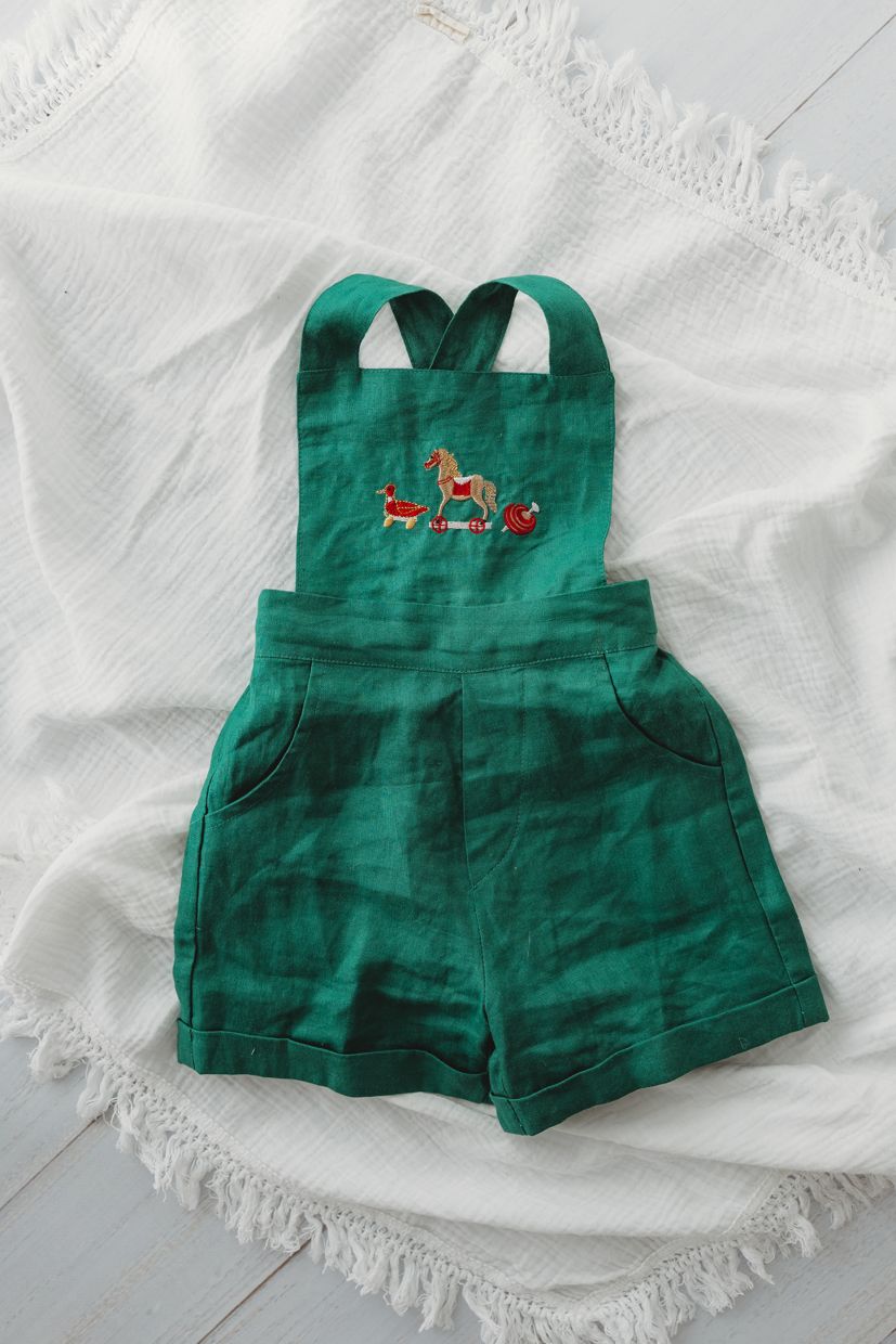 Child Of Mine - Embrodiered Forest Green Overalls - Vintage Toys - preorder