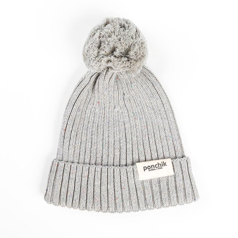 Ponchik Babies + Kids - Pom Pom Ribbed Beanie - Koala Speckle Knit