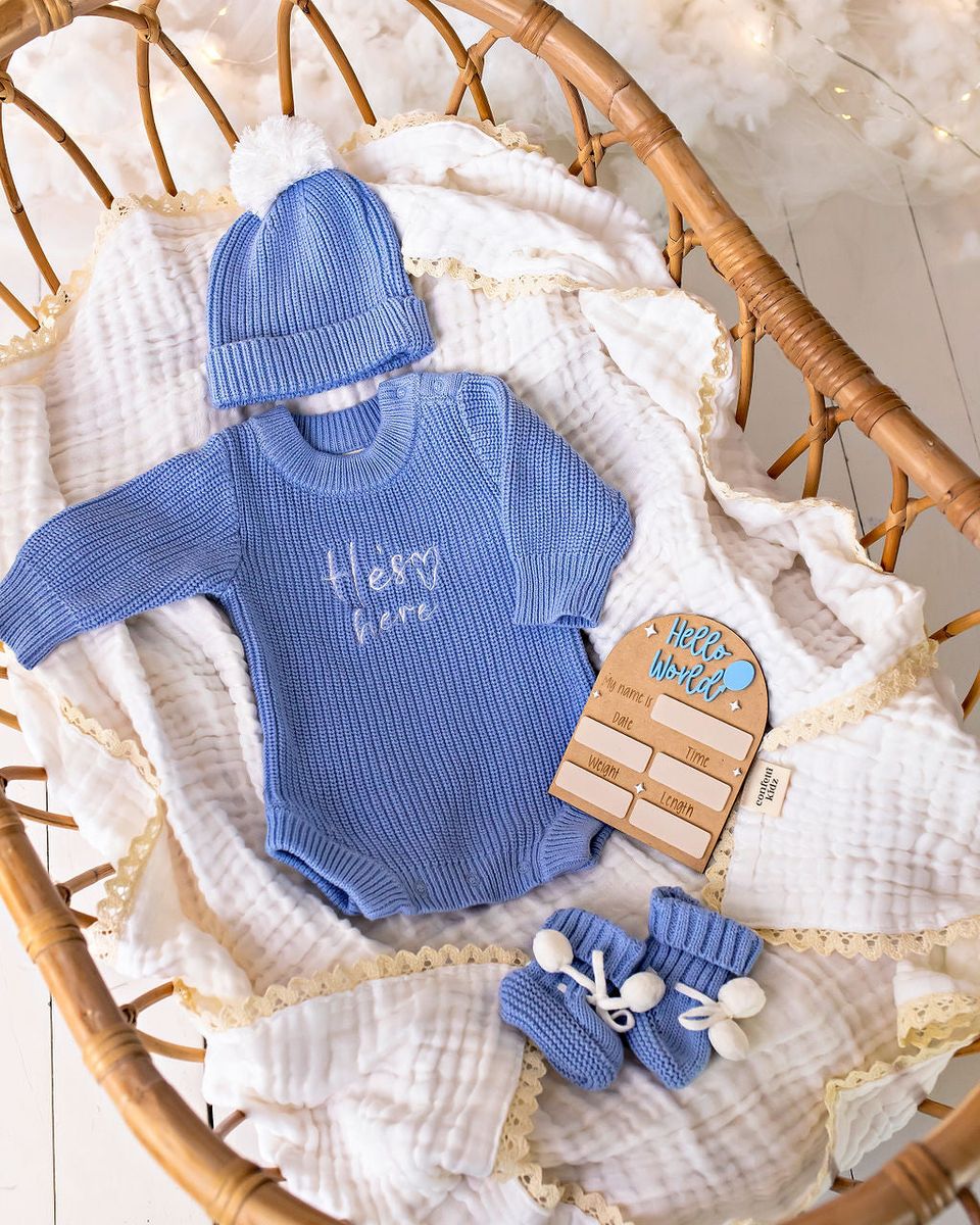 Announcement Romper - Blue He's Here