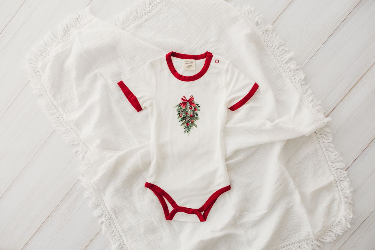 Child Of Mine - Mistletoe Scarlet Trim Bodysuit - preorder