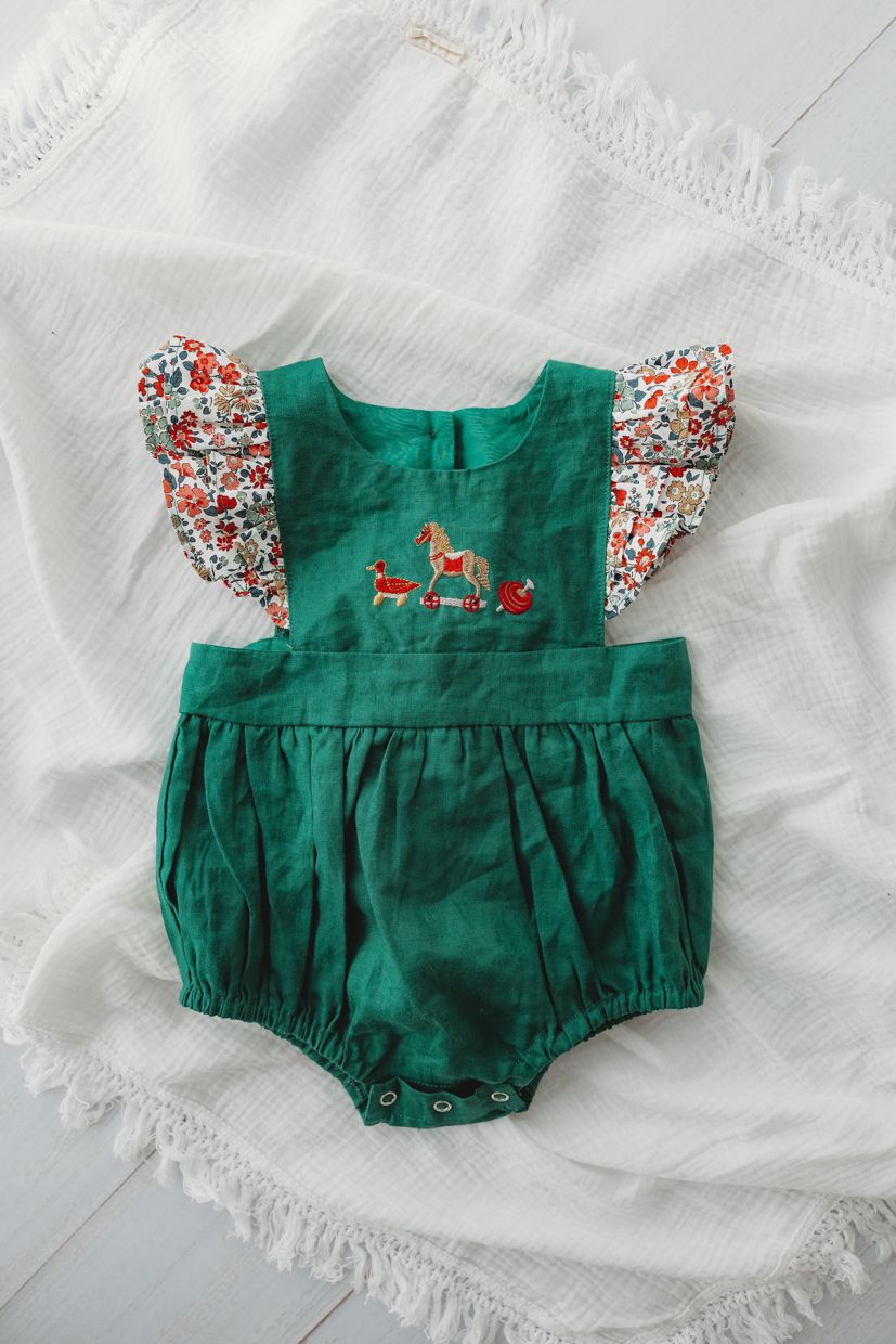 Child Of Mine - Embrodiered Forest Green Romper - Vintage Toys - preorder