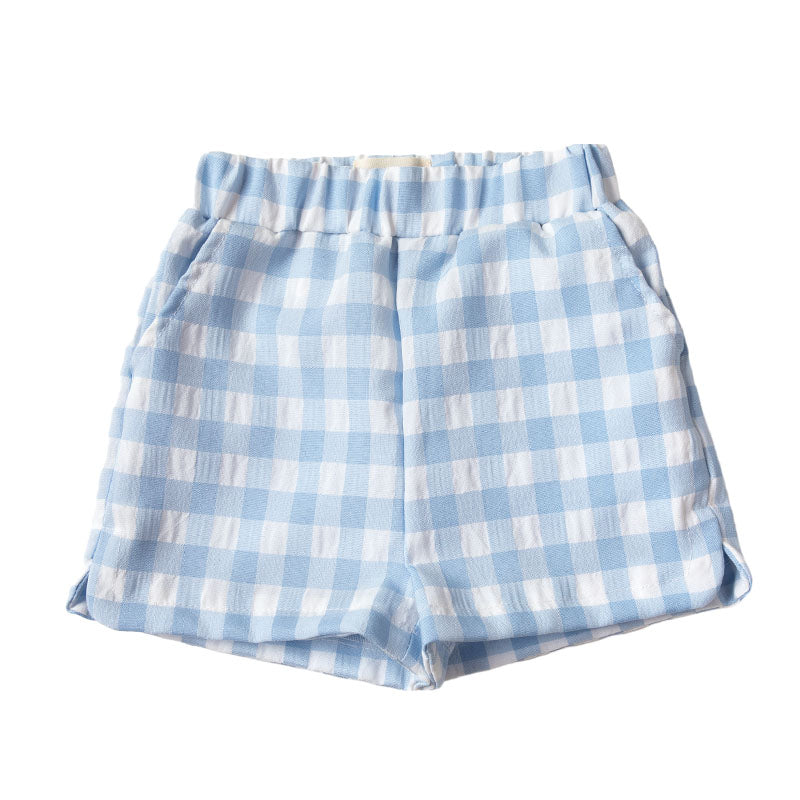 Cotton Shorts with Elastic Waist - Baby Blue Gingham