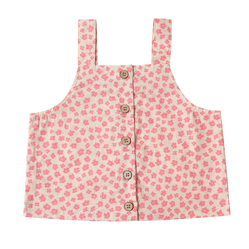 Floral Singlet Top with Wide Straps + Flat Button Down Front - Cherry Blossom