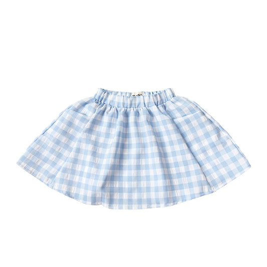 Full Skirt with Wide Elastic Waist Band - Baby Blue Gingham