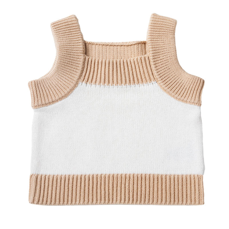 Knit Singlet with Contrast Rib - White + Wheat Trim PREORDER