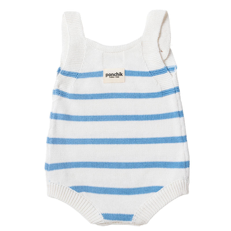 Knit Stripe Romper with Bamboo Buttons - Baby Blue + White PREORDER