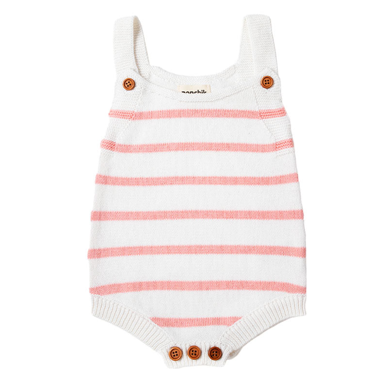 Knit Stripe Romper with Bamboo Buttons - Dusty Pink + White PREORDER