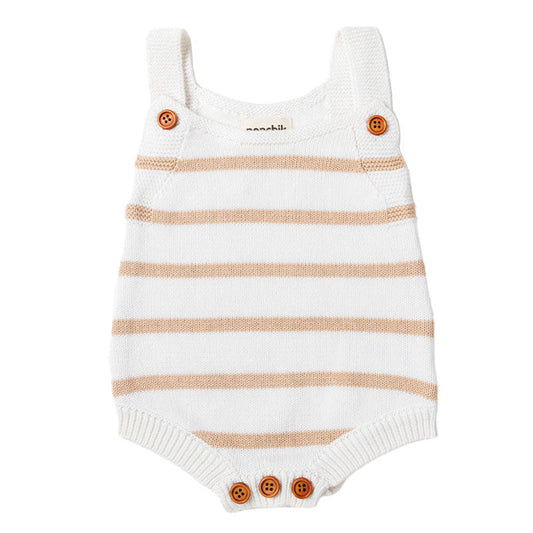 Knit Stripe Romper with Bamboo Buttons - Wheat + White PREORDER