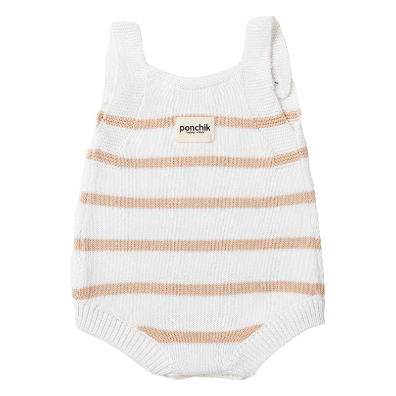 Knit Stripe Romper with Bamboo Buttons - Wheat + White PREORDER