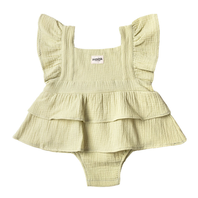 Ruffle Skirt + Shoulder Frill Romper - Green Tea Muslin