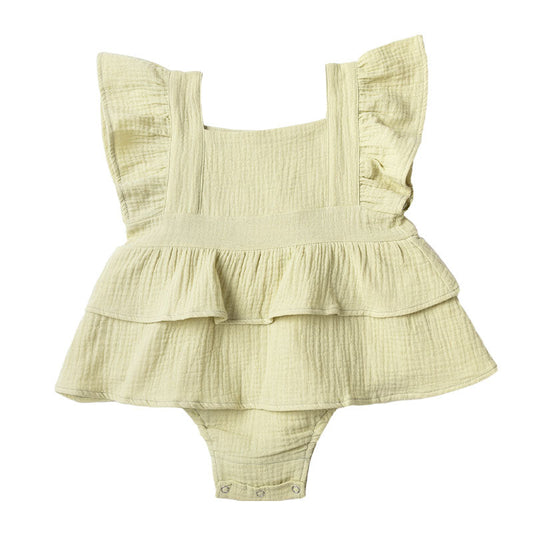 Ruffle Skirt + Shoulder Frill Romper - Green Tea Muslin