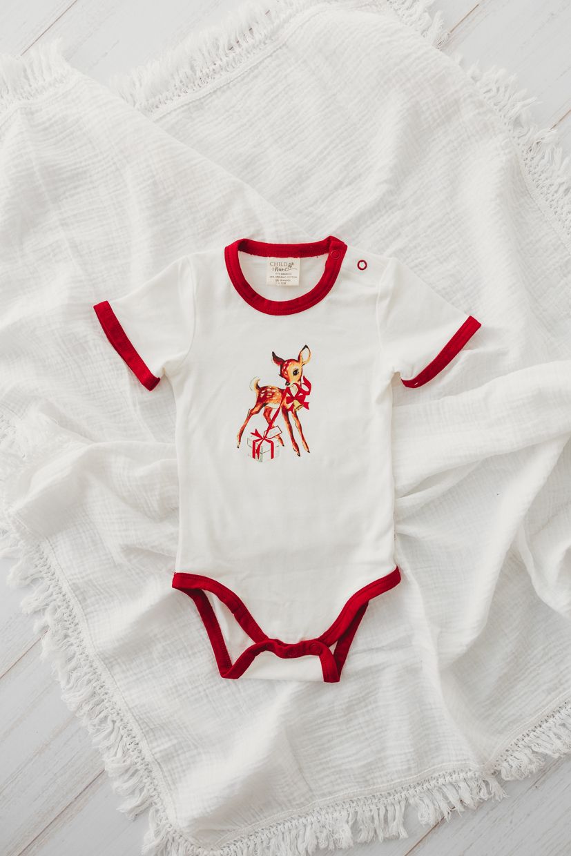 Child Of Mine - Baby Deer Scarlet Trim Bodysuit - preorder