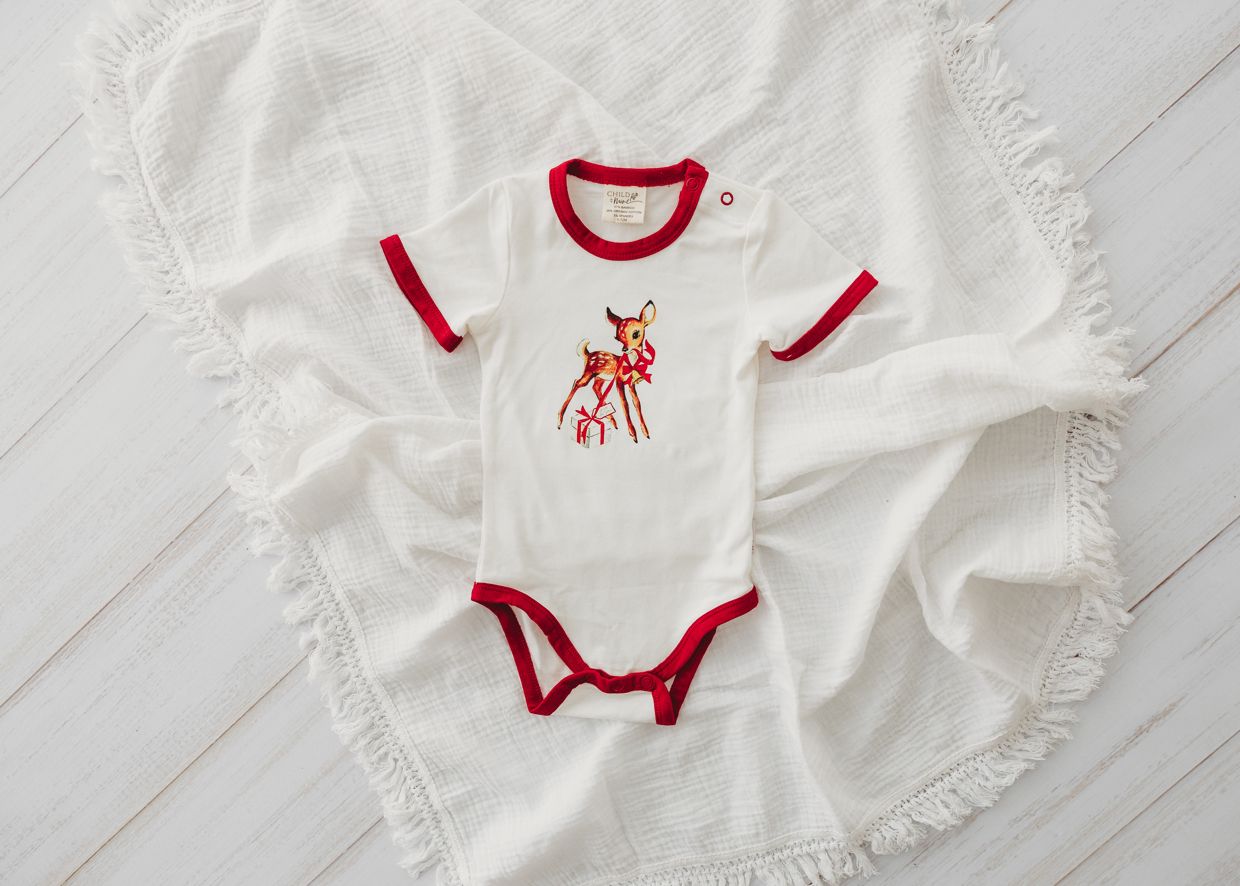 Child Of Mine - Baby Deer Scarlet Trim Bodysuit - preorder
