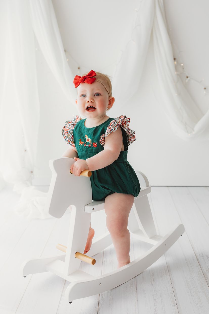 Child Of Mine - Embrodiered Forest Green Romper - Vintage Toys - preorder