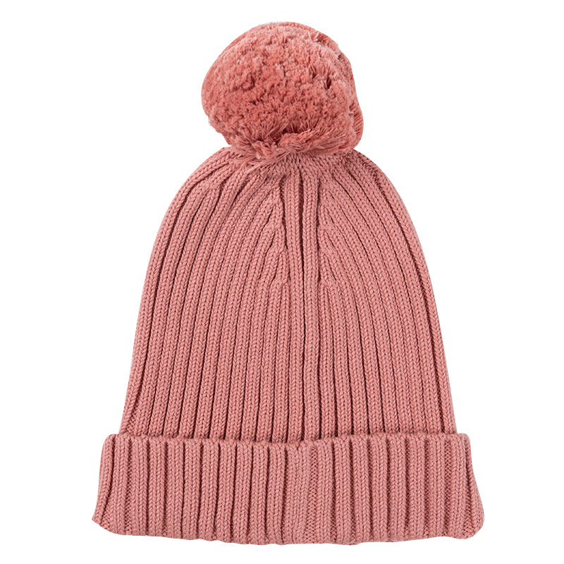 Pom Pom Ribbed Knit Beanie - Carnation - Child + Adult