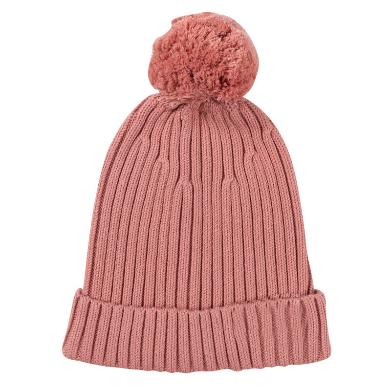 Pom Pom Ribbed Knit Beanie - Carnation - Child + Adult