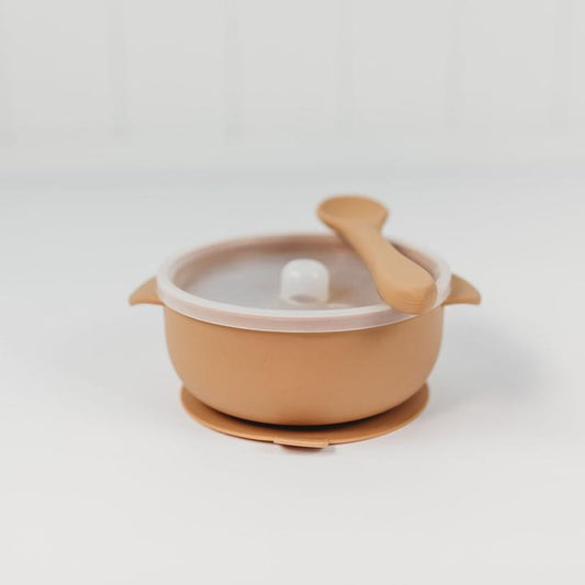 Silicone Divided Suction Bowl With Spoon - Caramel